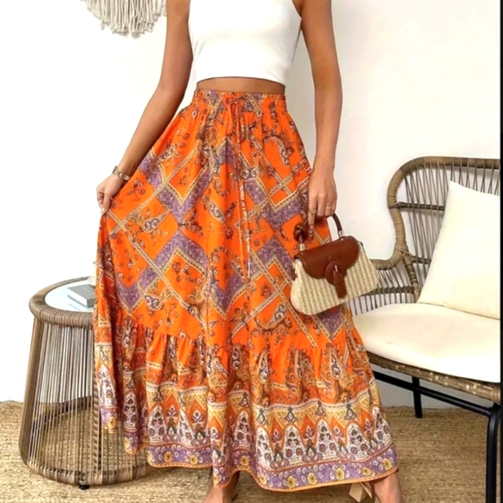 Maxi Skirt Orange Paisley Bohemian Style Fall Colors Skirts Outfit - Picture 8 of 8